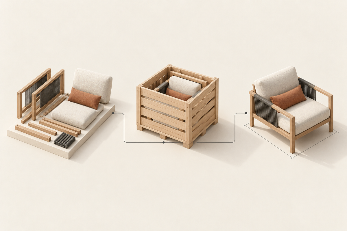 Outdoor furniture components, a transport crate and a placed lounge chair.