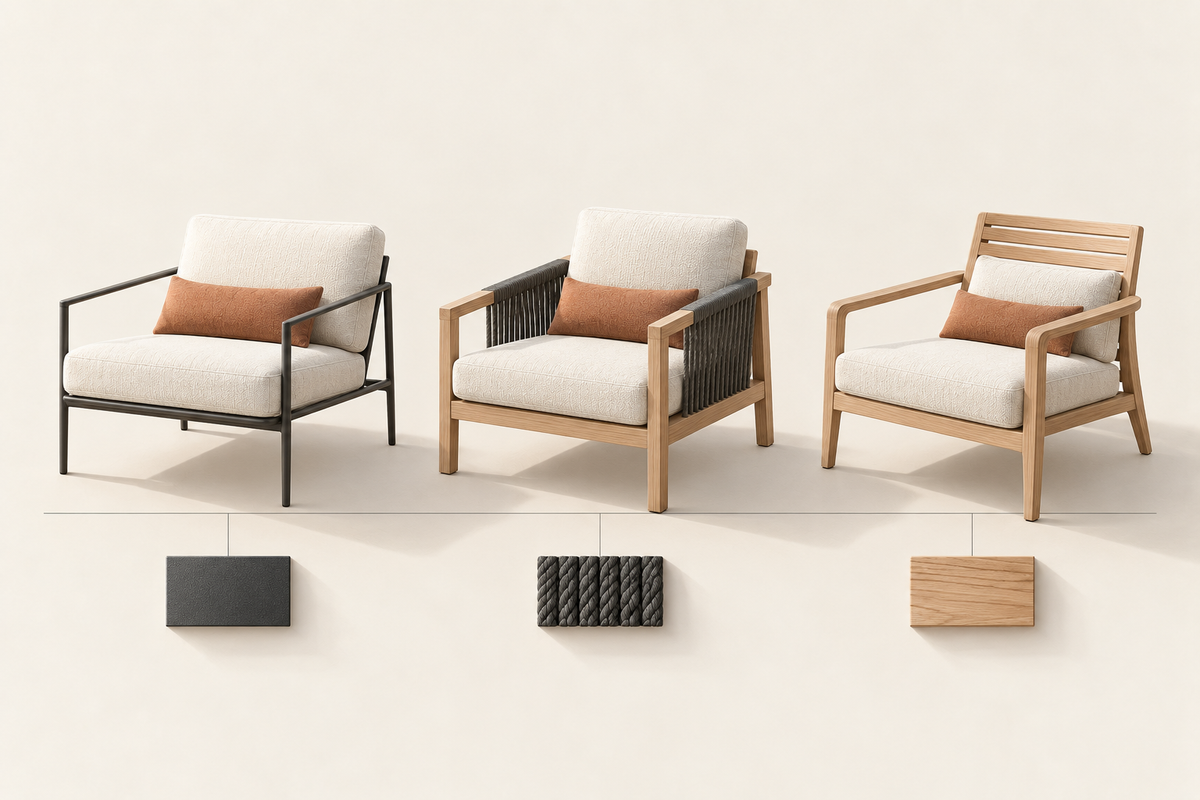 Three outdoor lounge chair alternatives with different frame materials and matching material samples.