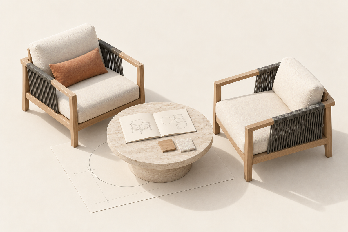 Two outdoor lounge chairs around a table with an open design folio and material samples.