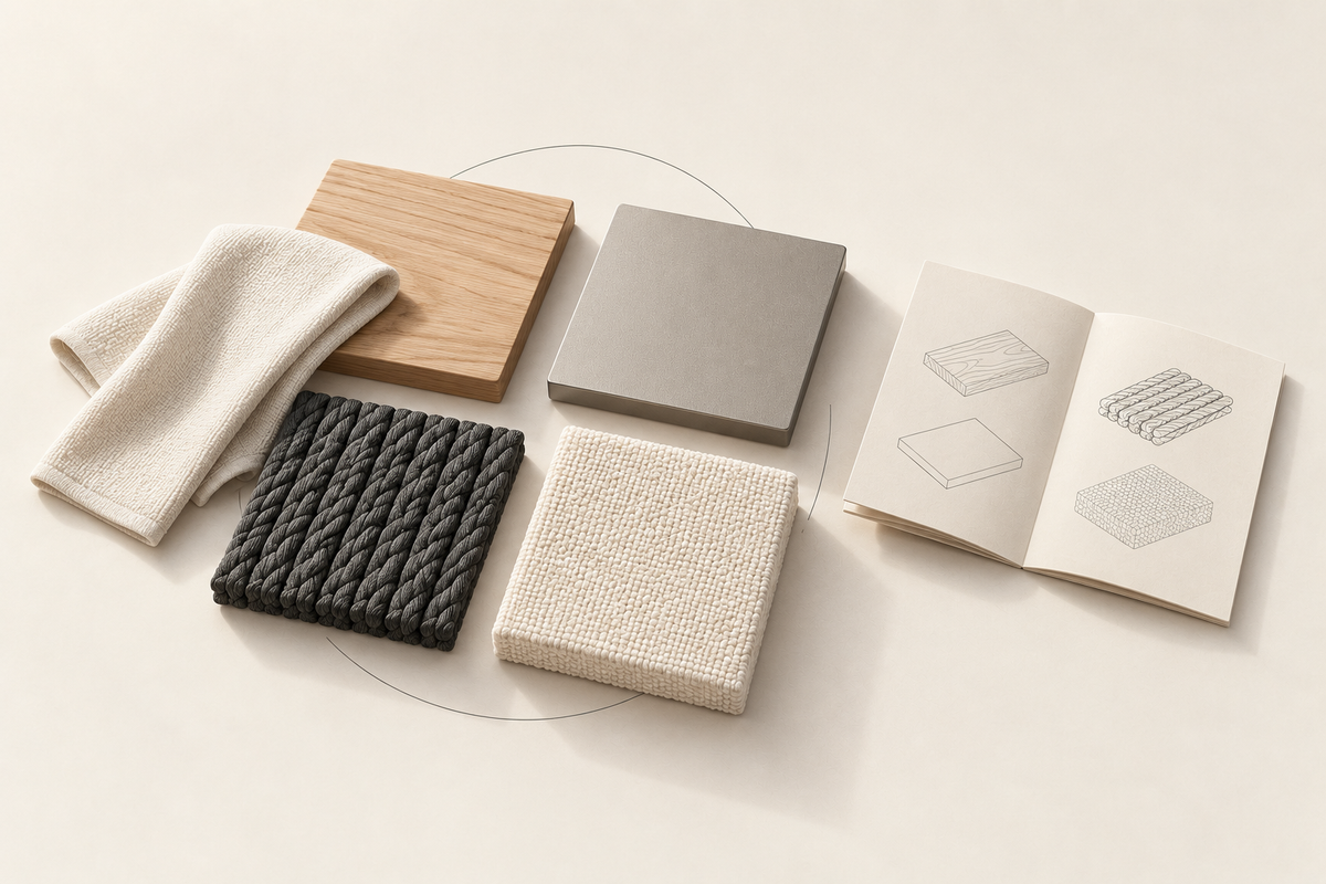 Timber, metal, rope and upholstery samples with a soft cloth and an illustrated care booklet.