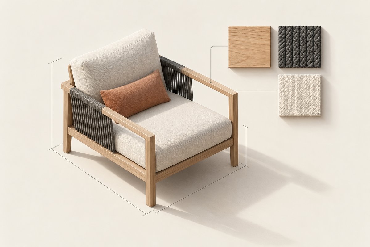 Outdoor lounge chair with timber, rope and upholstery samples and fine specification guide lines.