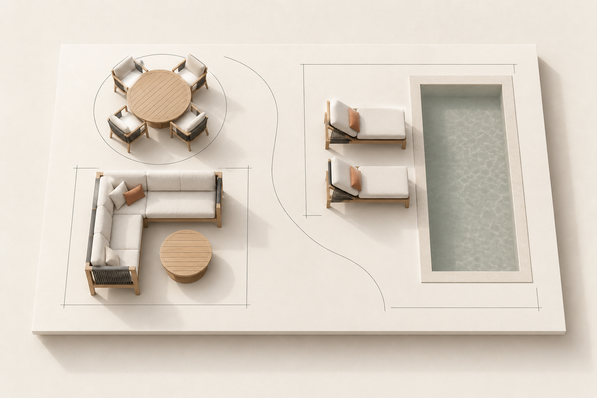 Illustrative terrace furniture plan with dining, lounge and poolside areas linked by a circulation line.