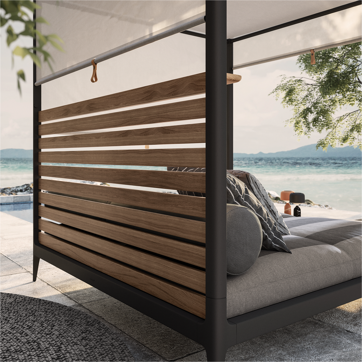 Grid Cabana Daybed with Teak Back & Roof